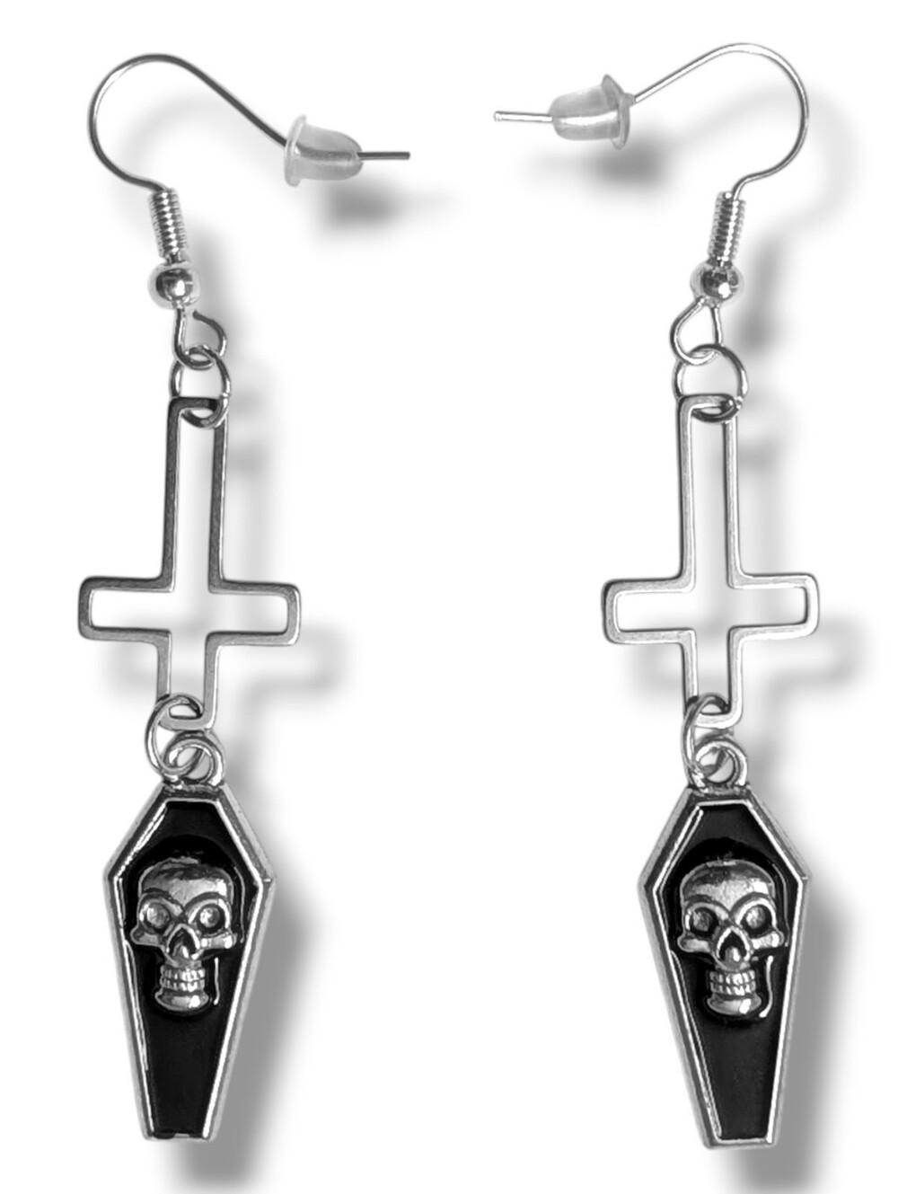 NWT Handmade Silver Inverted Cross and Black with Skull Coffin Earrings